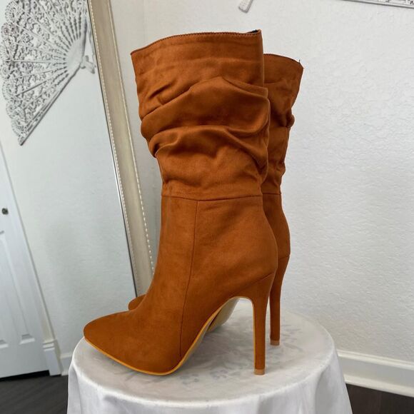 90s Style Slouchy Brown Faux Suede Stiletto High Heel Pointy Boots US 8.5 EU 39 - Picture 2 of 8